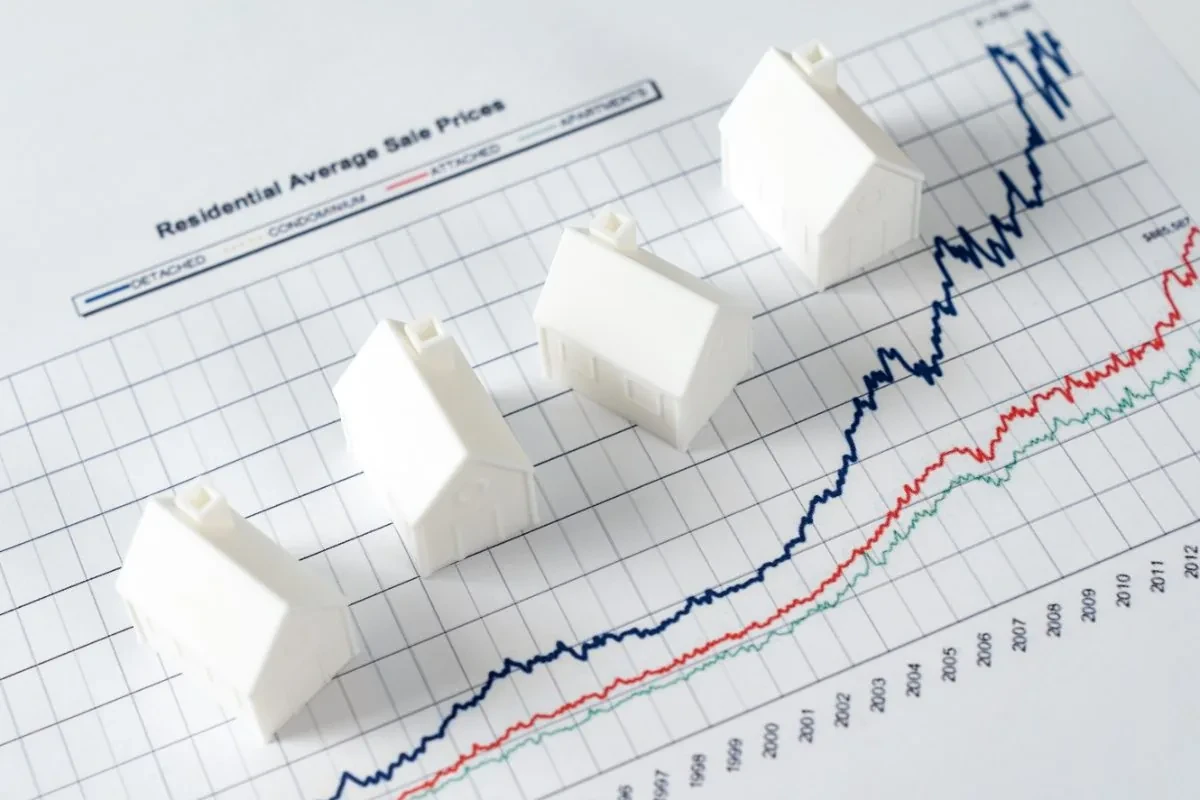 House models climbing a residential property price chart, showing capital growth.